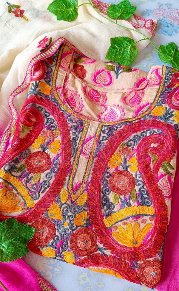 Blooming Pink Chanderi Multicolor Kashmiri Work Outfit