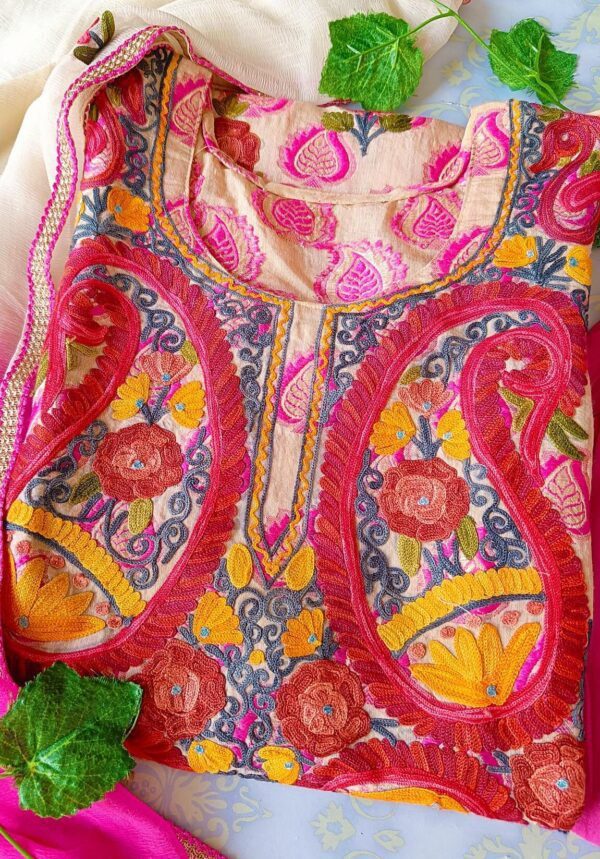 Blooming Pink Chanderi Multicolor Kashmiri Work Outfit