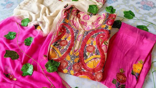 Blooming Pink Chanderi Multicolor Kashmiri Work Outfit