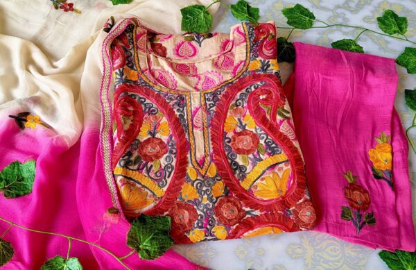 Blooming Pink Chanderi Multicolor Kashmiri Work Outfit