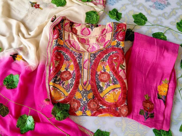 Blooming Pink Chanderi Multicolor Kashmiri Work Outfit