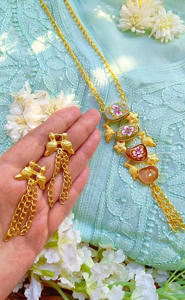 Artistic Bird Style Big Multistone Meenakari Long Necklace Set