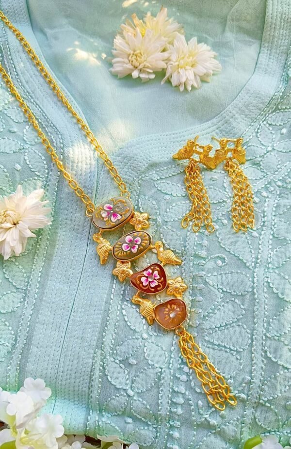 Artistic Bird Style Big Multistone Meenakari Long Necklace Set