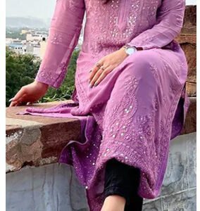 Bracing Orchid Lavender Pure Viscose Georgette Mukaish Chikankari Outfit