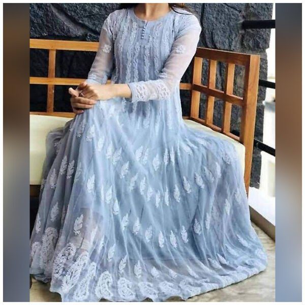 Super Gorgeous Grey Lucknowi Chikan Anarkali Gown