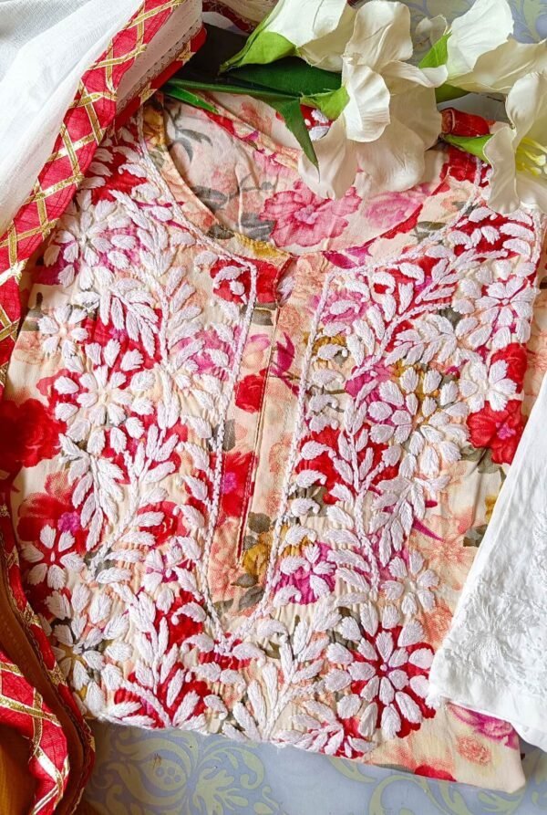 Charismatic Red Multicolor Modal Floral Chikankari Outfit