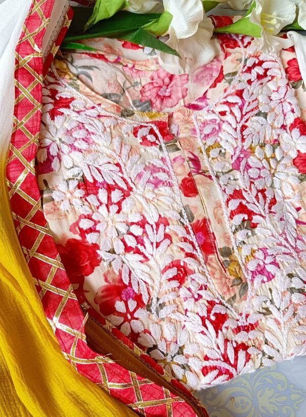 Charismatic Red Multicolor Modal Floral Chikankari Outfit