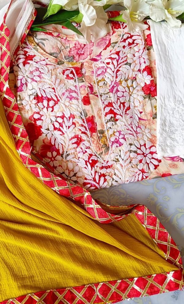 Charismatic Red Multicolor Modal Floral Chikankari Outfit