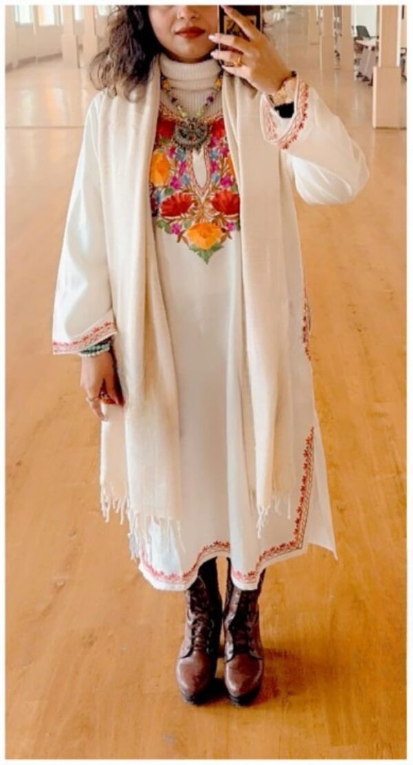 Timeless Multicolor White Kashmiri Phiran With Denims