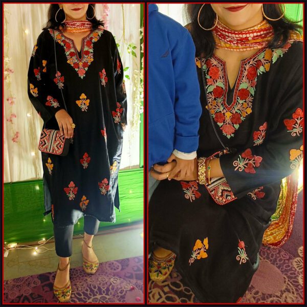 Trendsetting Black Multicolor Kashmiri Phiran With Denims