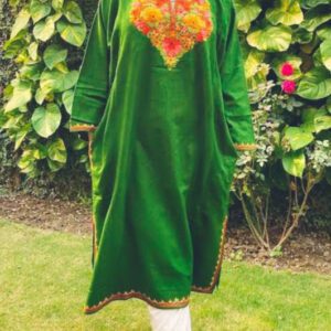 Appealing Green Multicolor Kashmiri Phiran With Denims