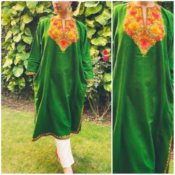 Appealing Green Multicolor Kashmiri Phiran With Denims