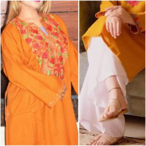 Delightful Mustard Yellow Kashmiri Phiran With Denims