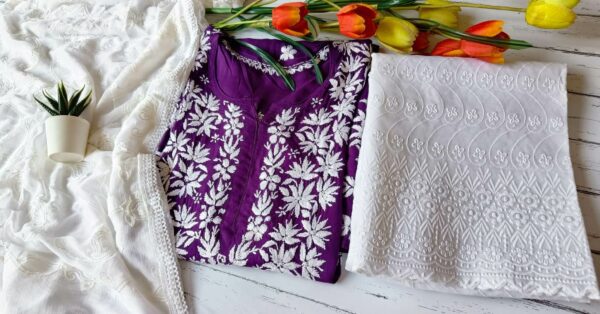 Dramatic Solid Purple Chikankari Outfit