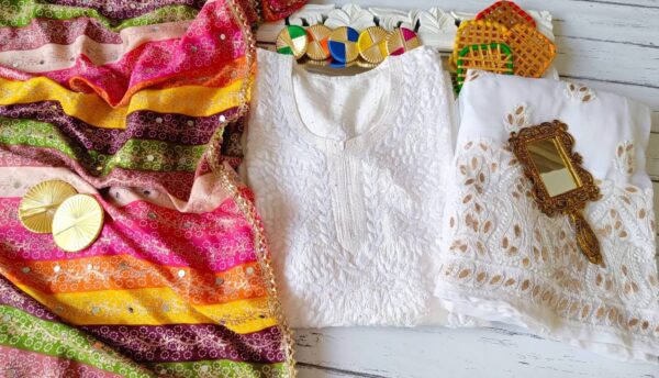 Dazzling White Multicolor Chikankari Outfit