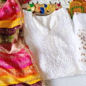 Dazzling White Multicolor Chikankari Outfit