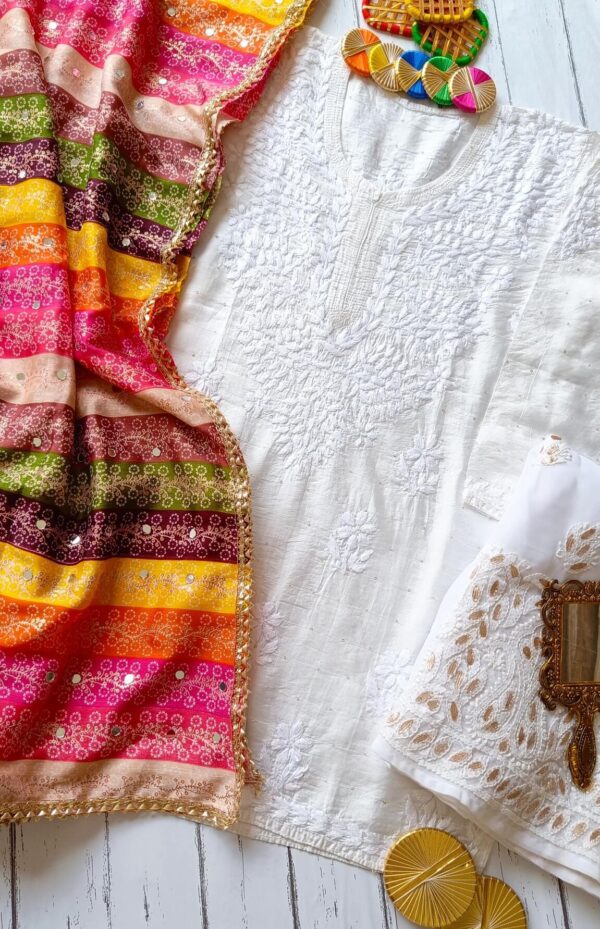 Dazzling White Multicolor Chikankari Outfit