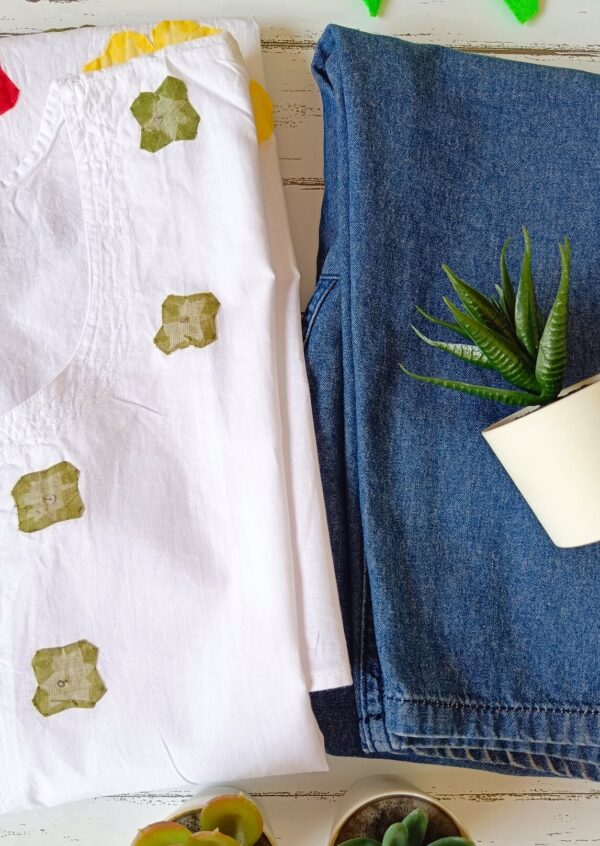 Casual White Big Patch Applique Embroidered Outfit
