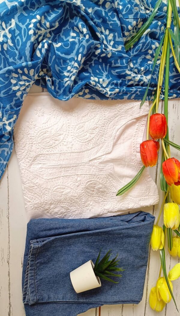 Fantastic White Indigo Modal Chikankari Outfit