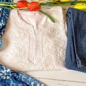 Fantastic White Indigo Modal Chikankari Outfit