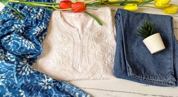 Fantastic White Indigo Modal Chikankari Outfit