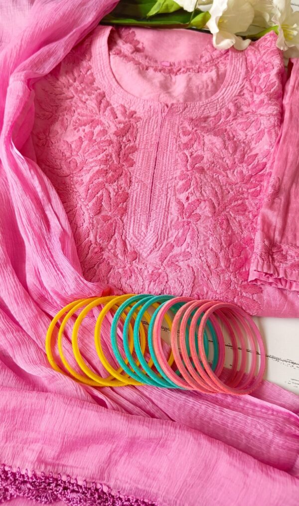 Dazzling Bubblegum Pink Chanderi Chikankari Outfit