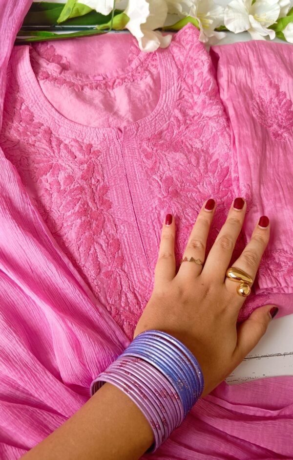 Dazzling Bubblegum Pink Chanderi Chikankari Outfit
