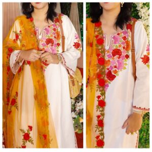 Magical White Multicolor Kashmiri Phiran With Denims