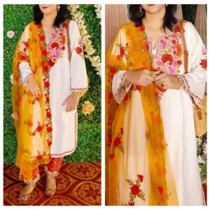 Magical White Multicolor Kashmiri Phiran With Denims