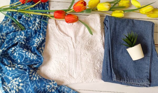 Fantastic White Indigo Modal Chikankari Outfit
