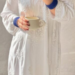 All Time Favourite White Lucknow Chikankari Modal Kurta With Blue Bangles
