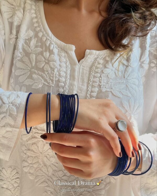 All Time Favourite White Lucknow Chikankari Modal Kurta With Blue Bangles