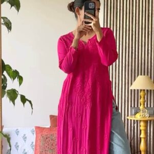 Front view of the Alluring Magenta Pure Viscose Chikankari Kurti in a rich magenta shade with elegant Chikankari work.