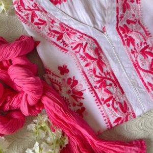 Beautiful White Chikankari Set in Shaded Pink with handcrafted Chikankari embroidery and matching pink cotton Chuna dupatta.