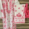 Full view of the Beautiful White Chikankari Set in Shaded Pink featuring a handcrafted modal kurta, layered palazzo, and pink cotton Chuna dupatta.