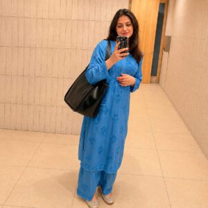 Captivating Navy Blue Modal Chikankari Set featuring intricate Chikankari embroidery and matching palazzo in premium modal fabric.