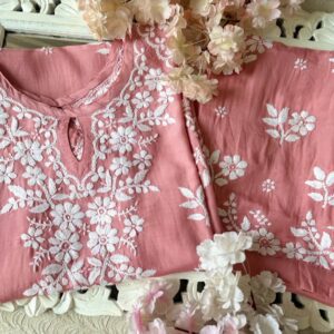 Charming rose peach muslin chikankari kurta set