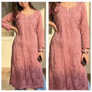 Woman wearing effortlessly classy mulmul chikankari kurti set with blue denims and handcrafted embroidery