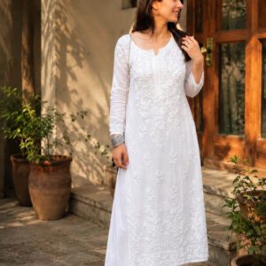 Exquisite white modal chikankari outfit with kurti and pant