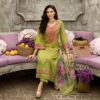 Front view of embroidered cotton suit with floral dupatta featuring elegant embroidery and floral print details