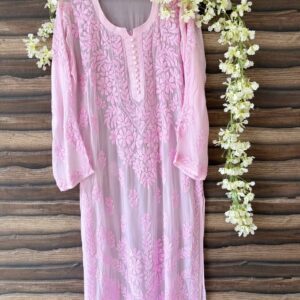 Full-length view of luxurious pastel pure viscose 3D Chikankari kurtis with detailed handcrafted embroidery