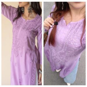 Gorgeous lavender chikankari kurti with denims
