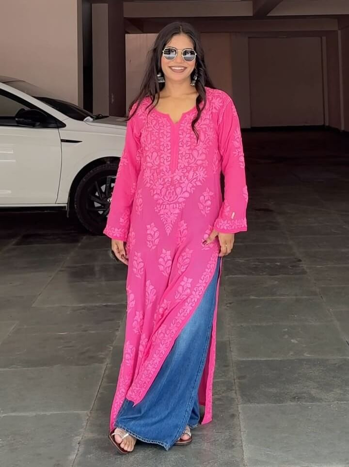 Irresistible Hot Pink Pure Viscose Chikankari Kurti 3 Irresistible Hot pink pure viscose chikankari kurti โ angle 1