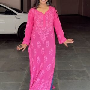 Irresistible Hot pink pure viscose chikankari kurti – angle 2