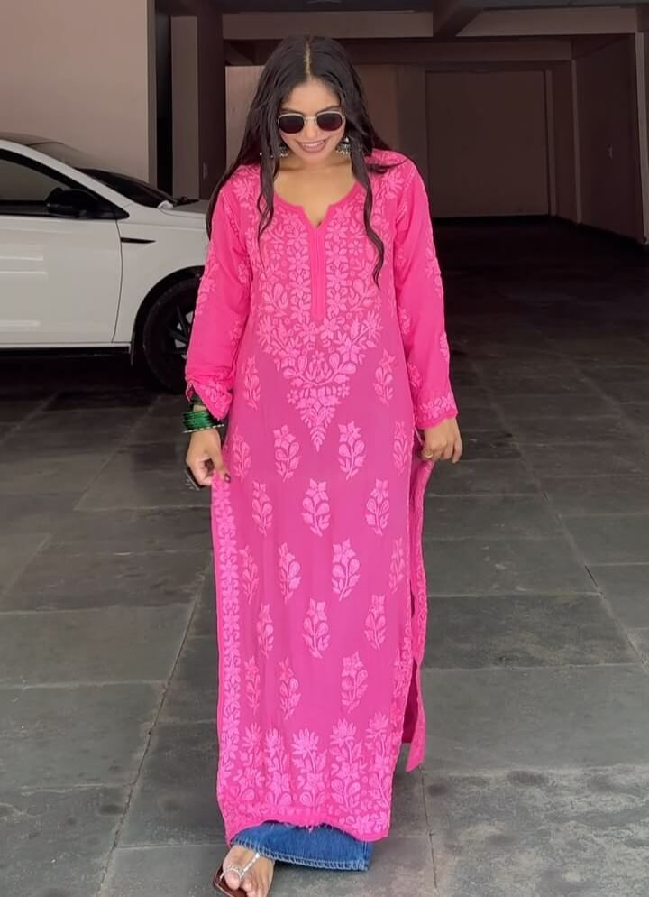 Irresistible Hot Pink Pure Viscose Chikankari Kurti 1 Full View of Irresistible hot pink pure viscose chikankari kurti