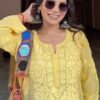 Irresistible Lemon yellow viscose chikankari kurti with delicate 3D embroidery detail