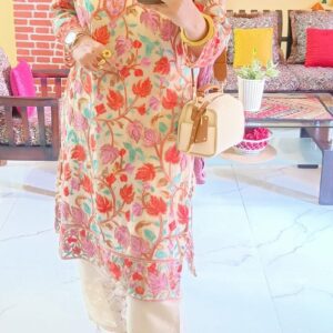 chiffon kashmiri kurta set full view with cotton pants