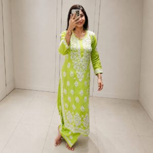 Luxury Lime Green Handcrafted Chikankari Set with Dupatta featuring elegant embroidery and a matching bottom.
