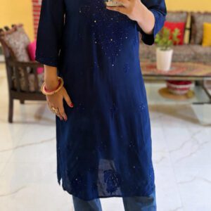 Mesmerizing Mukaish Chikankari Kurti with Denims in Front Standing Pose
