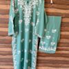 Full view of the Pastel Sea Green Muslin Chikankari Kurta Set with matching muslin pants and elegant chikankari embroidery.